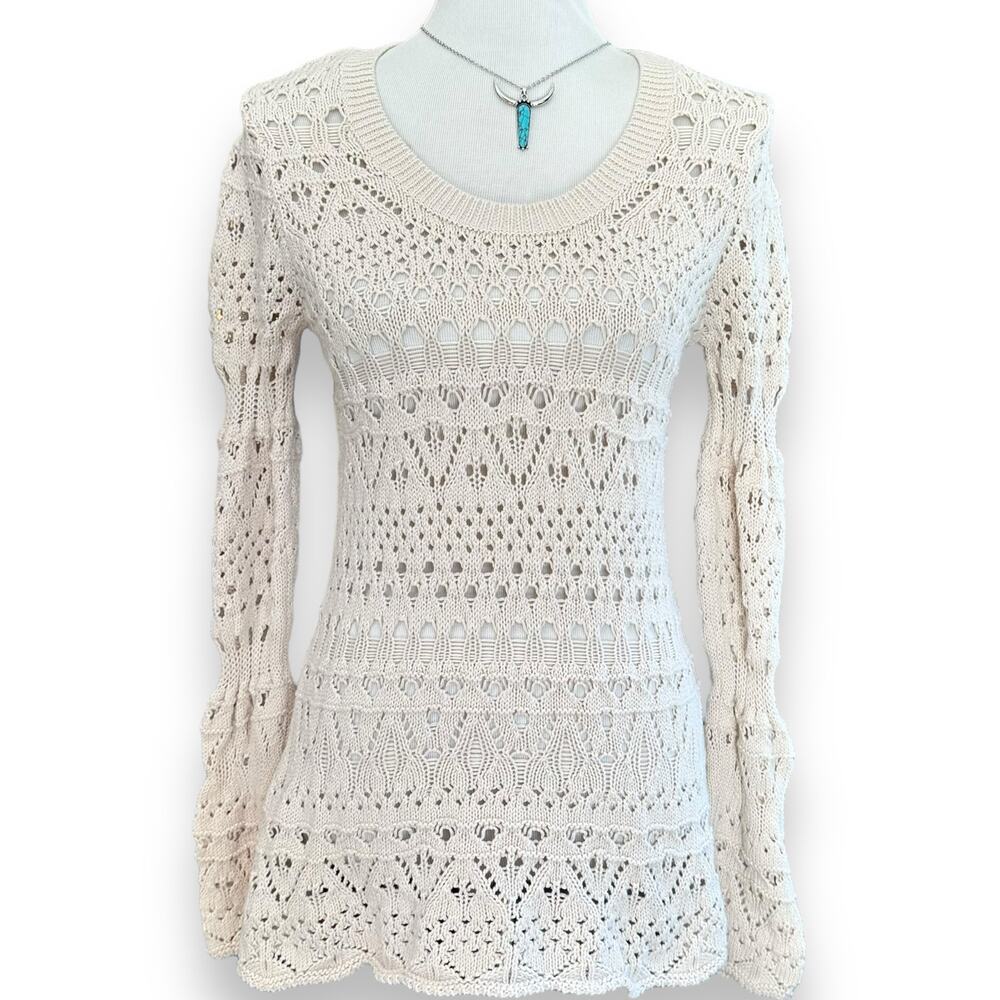 Bisou Bisou Cotton Cable Knit Open Weave Long Sleeve Sweater EUC